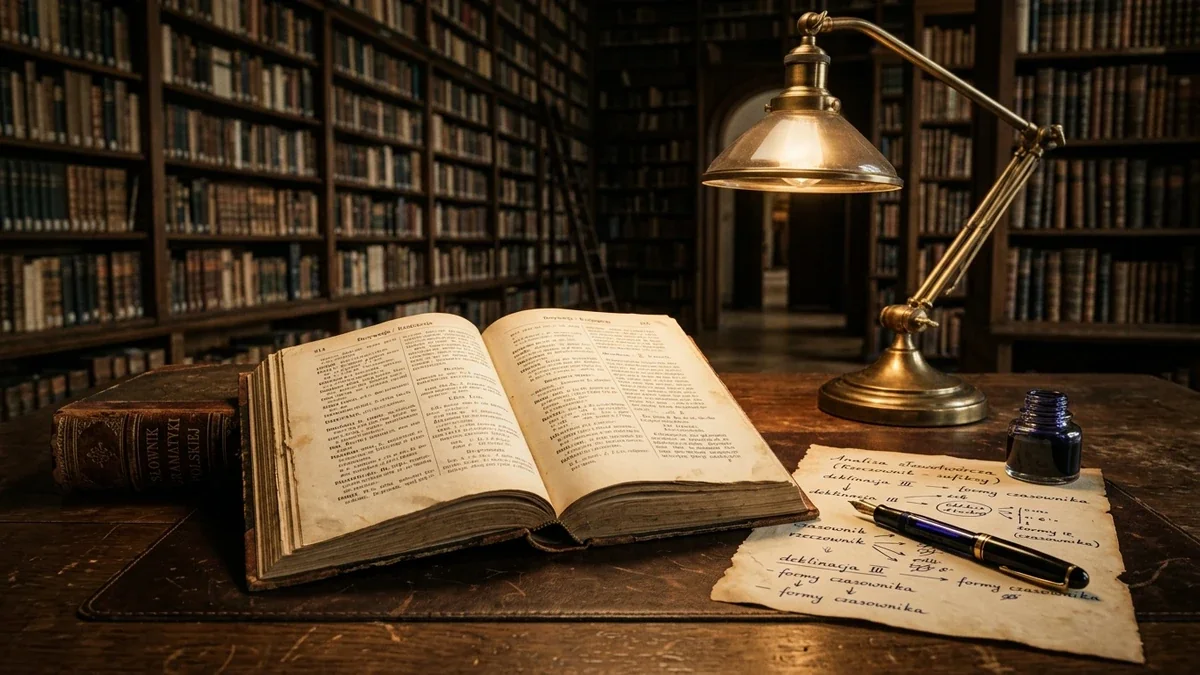 Zabytkowy słownik gramatyki języka polskiego i notatki naukowe na biurku akademickim