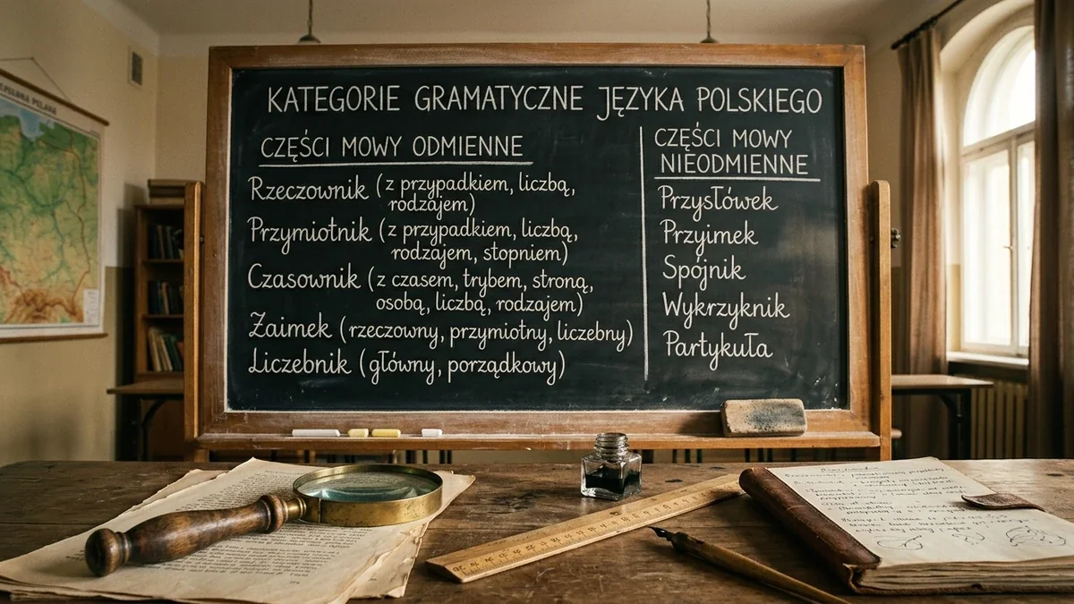 Tablica szkolna z czytelnym zestawieniem 10 części mowy w języku polskim